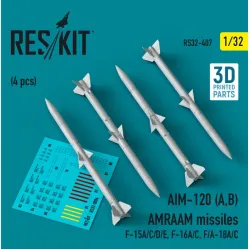 Reskit Rs32-0407 1/32 Aim120 Ab Amraam Missiles 4 Pcs F15acde F16ac F A 18ac 3d Printed