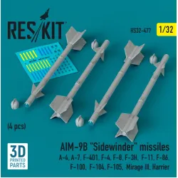 Reskit Rs32-0477 1/32 Aim9b Sidewinder Missiles 4 Pcs A4 A7 F4d1 F4 F8 F3h F11 F86 F100 F104 F105 Mirage Iii Harrier 3d Printed