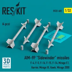 Reskit Rs32-0483 1/32 Aim 9p Sidewinder Missiles 4 Pcs F4 F5 F16 F15 F14 Mirage F.1 Harrier Mirage Iii Hawk Mirage 2000 3d Printed