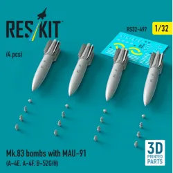 Reskit Rs32-0497 1/32 Mk83 Bombs With Mau-91 4 Pcs A-4e A-4f B-52g/H 3d Printed