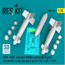 Reskit Rs32-0538 1/32 Agm-130a Missiles Mk84 Warhead 2pcs With An/Axq-14 Data Link Pod 1pcs F-16i F-15e F-111f 3d Printed