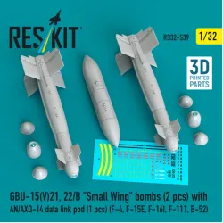 Reskit Rs32-0539 1/32 Gbu-15v21 22/B Small Wing Bombs 2 Pcs With An/Axq-14 Data Link Pod 1 Pcs F-4 F-15e F-16i F-111 B-52 3d Printed