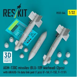 Reskit Rs32-0544 1/32 Agm-130c Missiles Blu-109 Warhead 2pcs With An/Axq-14 Data Link Pod 1pcs F-16i F-15e F-111f 3d Printed