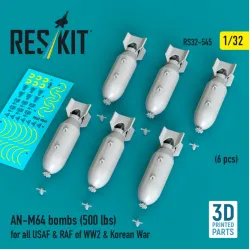 Reskit Rs32-0545 1/32 An-m64 Bombs 500 Lbs For All Usaf Raf Of Ww2 Korean War 6 Pcs 3d Printed