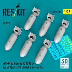 Reskit Rs32-0546 1/32 An-m58 Bombs 500 Lbs For All Usaf Raf Of Ww2 Korean War 6 Pcs 3d Printed