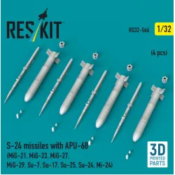 Reskit Rs32-0566 1/32 S-24 Missiles With Apu-68 4 Pcs Mig-21 Mig-23 Mig-27 Mig-29 Su-7 Su-17 Su-25 Su-24 Mi-24 3d Printed