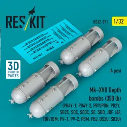 Reskit Rs32-0571 1/32 Mk-xvii Depth Bombs 350 Lb 4 Pcs Resin Kit