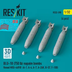 Reskit Rs32-0598 1/32 Dummy Kit Blu-1b 750 Lb Napalm Bombs Finned Mxu-469/B 4 Pcs