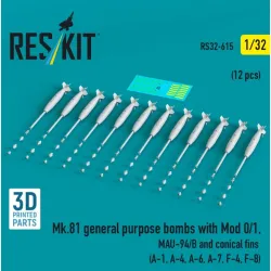 Reskit Rs32-0615 1/32 Mk 81 General Purpose Bombs With Mod 0/1 Mau-94/B And Conical Fins 12 Pcs A-1 A-4 A-6 A-7 F-4 F-8 3d Printed