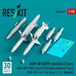 Reskit Rs48-0369 1/48 Agm-88 Harm Missiles 2 Pcs With Lau-118a 4 Pcs Tornado Adapters 2 Pcs F/A-18 F-4 F-16 Ea-6 F-111 Tornado 3d Printed