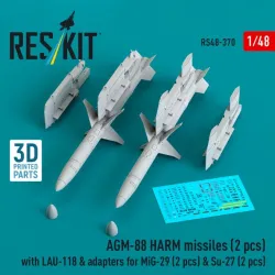 Reskit Rs48-0370 1/48 Agm-88 Harm Missiles 2 Pcs With Lau-118 Adapters For Mig-29 2 Pcs Su-27 2 Pcs 3d Printed