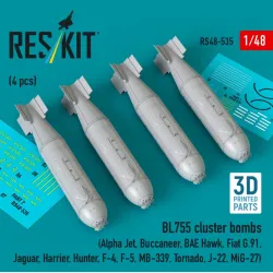 Reskit Rs48-0535 1/48 Bl755 Cluster Bombs 4pcs Alpha Jet Buccaneer Bae Hawk Fiat G91 Jaguar Harrier Hunter F-4 F-5 Mb-339 Tornado J-22 Mig-27 3d Printed