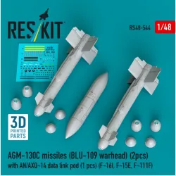 Reskit Rs48-0544 1/48 Agm-130c Missiles 2pcs Blu-109 Warhead With An/Axq-14 Data Link Pod 1pcs F-16i F-15e F-111f 3d Printed