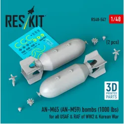 Reskit Rs48-0547 1/48 An-m65 An-m59 Bombs 2pcs 1000 Lbs For All Usaf Raf Of Ww2 Korean War 3d Printed