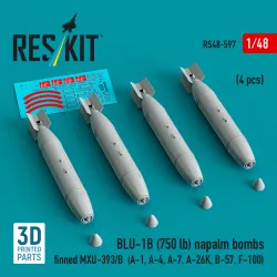 Reskit Rs48-0597 1/48 Blu-1b 750 Lb Napalm Bombs Finned Mxu-393/B 4pcs Resin Kit