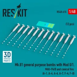 Reskit Rs48-0615 1/48 Mk 81 General Purpose Bombs With Mod 0/1 Mau-94/B And Conical Fins 12 Pcs A-1 A-4 A-6 A-7 F-4 F-8 3d Printed