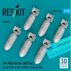 Reskit Rs72-0546 1/72 An-m58 Bombs 500 Lbs For All Usaf Raf Of Ww2 Korean War 6 Pcs 3d Printed