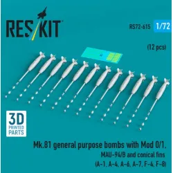 Reskit Rs72-0615 1/72 Mk 81 General Purpose Bombs With Mod 0/1 Mau-94/B And Conical Fins 12 Pcs A-1 A-4 A-6 A-7 F-4 F-8 3d Printed