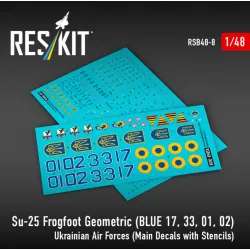 Reskit Rsb48-0008 1/48 Su-25 Frogfoot Geometric Blue 17 33 01 02 Ukrainian Air Forces Main Decals With Stencils