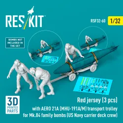 Reskit Rsf32-0060 1/32 Red Jerseys 3 Pcs With Aero 21a Mhu-191a/M Transport Trolley For Mk84 Family Bombs Us Navy Carrier Deck Crew