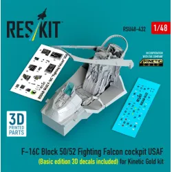 Reskit RSU48-0432 1/48 ​​F-16C Block 50/52 Fighting Falcon cockpit USAF Basic edition 3D decals included for Kinetic Gold kit 3D Printed