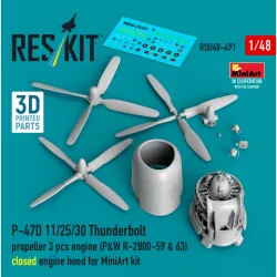 Reskit Rsu48-0491 1/48 P-47d 11/25/30 Thunderbolt Propeller 3 Pcs Engine P W R-2800-59 63 Closed Engine Hood For Miniart Kit 3d Printed