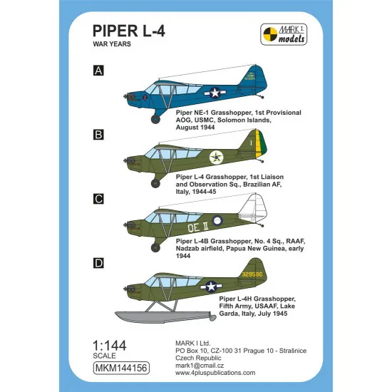 Mark I Mkm144156 1/144 Piper L-4 War Years Us Service Aircraft Wwii 2pcs