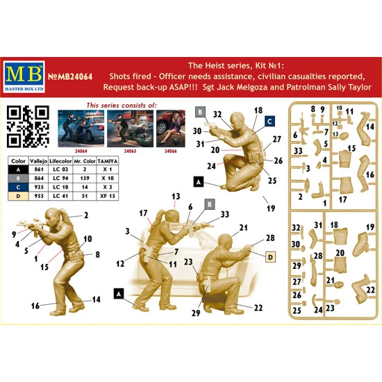 Master Box 24064 1/24 THE HEIST SERIES, KIT SHOTS FIRED - OFFICER NEEDS ASSISTANCE, CIVILIAN CASUALTIES REPORTED, REQUEST BACK-UP ASAP!!! SGT JACK MELGOZA AND PATROLMAN SALLY TAYLOR