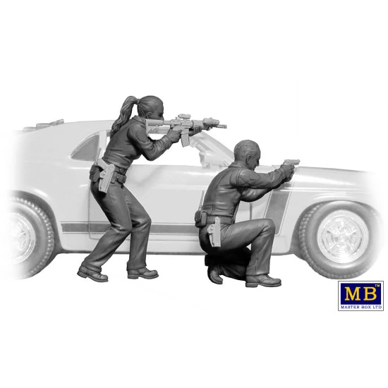 Master Box 24064 1/24 THE HEIST SERIES, KIT SHOTS FIRED - OFFICER NEEDS ASSISTANCE, CIVILIAN CASUALTIES REPORTED, REQUEST BACK-UP ASAP!!! SGT JACK MELGOZA AND PATROLMAN SALLY TAYLOR