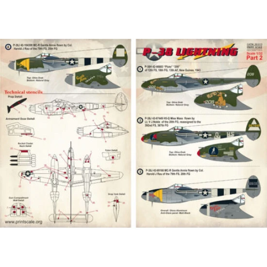 Print Scale 32-010 - 1/32 Decal for Airplane P-38 Lightning Part-2 Aircraft