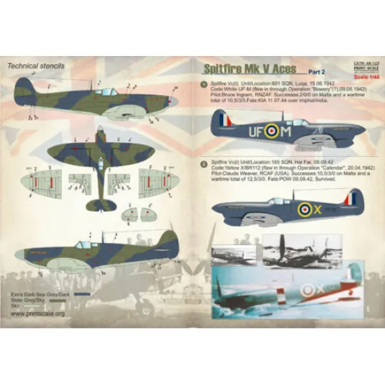 Print Scale 48-123 - 1/48 Decal for Airplane Spitfire Mk V Aces, Part 2 Aircraft