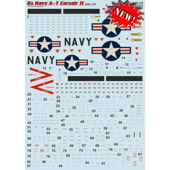 Print Scale 48-128 - 1/48 Decal for Airplane A-7 Corsair II, Technical Stencils