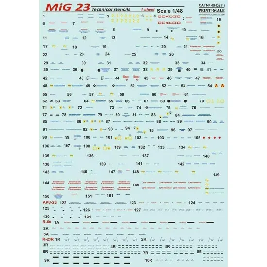 Print Scale 48-152 - 1/48 NEW MiG-23 Tehcnical stencils, 2 sheets, wet decal