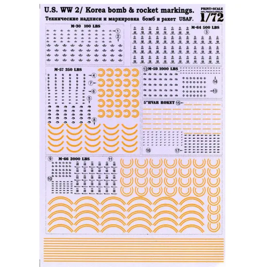 Print Scale 72-001 - 1/72 Us Ww 2 / Korea Bomb & Rocket Markings wet decal