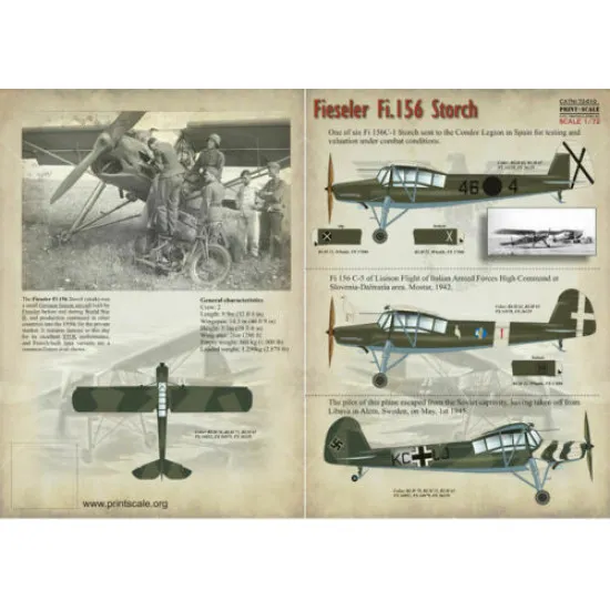 Print Scale 72-010 - 1/72 Fieseler FI.156 Storch, Aircraft wet decal model scale