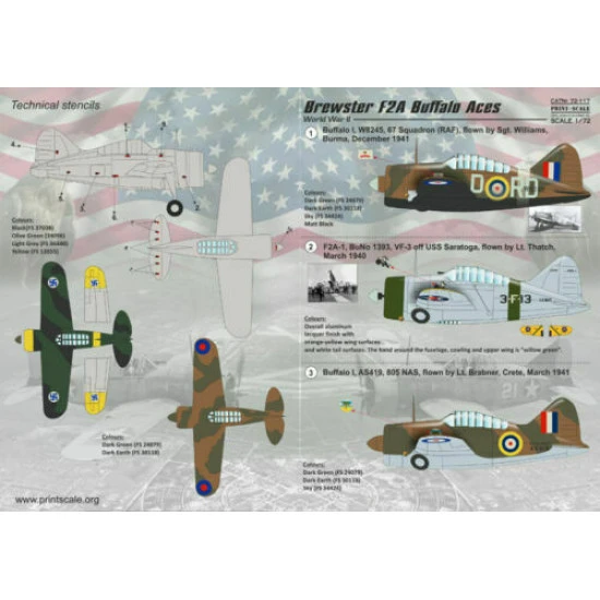 Print Scale 72-117 - 1/72 Decal for Brewster F2a Buffalo (Aircraft wet decal)
