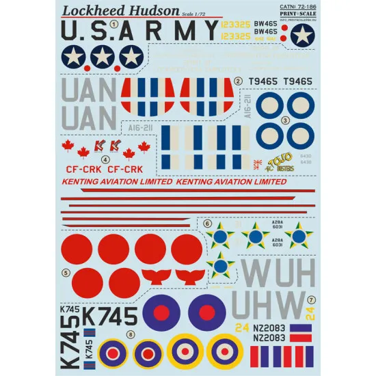Print Scale 72-186 - 1/72 Decal for Lockheed Hudson (Aircraft wet decal)