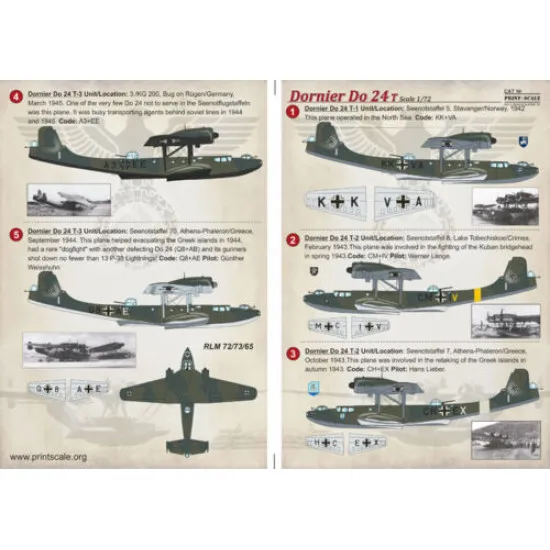 Print Scale 72-191 - 1/72 Decal for Dornier Do 24 T (Aircraft wet decal)
