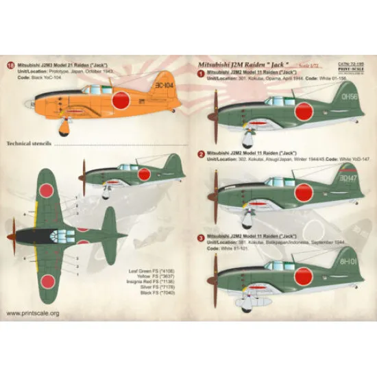 Print Scale 72-195 - 1/72 Decal for Mitsubishi J2m Raiden (Aircraft wet decal)