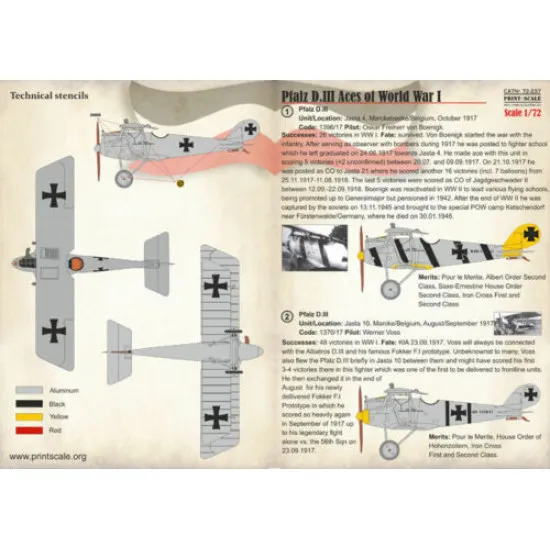 Print Scale 72-237 - 1/72 Pfalz D.III, Aces of World War I (Aircraft wet decal)