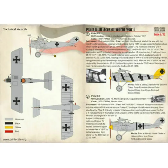 Print Scale 72-237 - 1/72 Pfalz D.III, Aces of World War I (Aircraft wet decal)