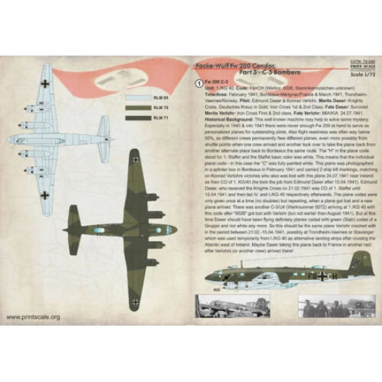 Print Scale 72-240 - 1/72 Focke-wulf Fw 200 condor, Part 3, Aircraft wet decal