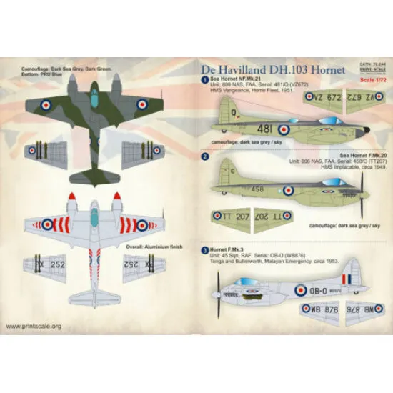Print Scale 72-244 - 1/72 De Havilland DH.103 Hornet Aircraft wet decal