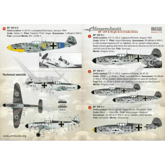 Print Scale 72-249 - 1/72 BF 109G High Altitude Aces Aircraft wet decal