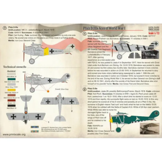 Print Scale 72-253 - 1/72 Decal For Pfalz D.IIIA Aces Of World War I Airplane