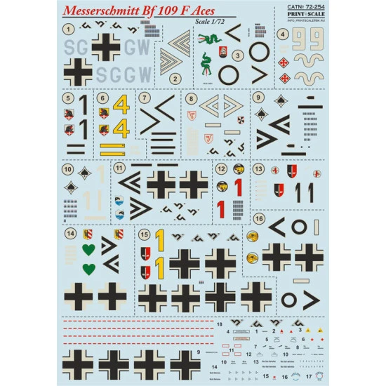 Print Scale 72-254 - 1/72 Messerschmitt Bf.109 F Aces, Aircraft wet decal
