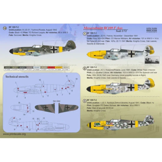 Print Scale 72-254 - 1/72 Messerschmitt Bf.109 F Aces, Aircraft wet decal