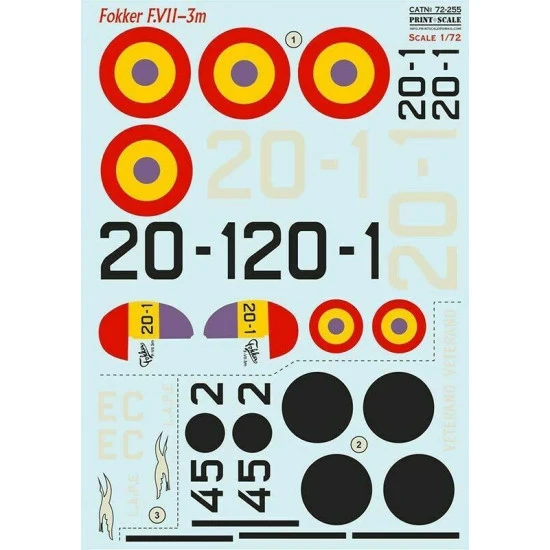 Print Scale 72-255 - 1/72 Fokker F.VII-3m In the complete set 2 sheets wet decal