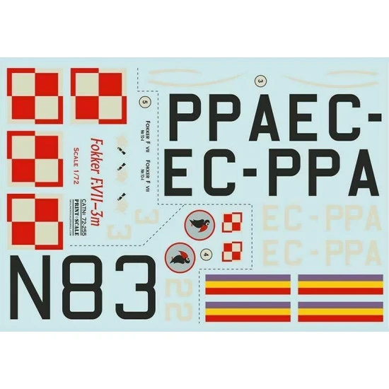 Print Scale 72-255 - 1/72 Fokker F.VII-3m In the complete set 2 sheets wet decal