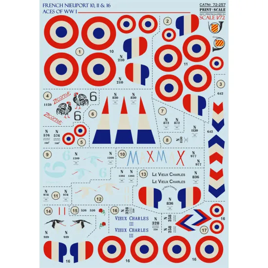 Print Scale 72-257 - 1/72 French Nieuport 10, 11, 16, Aircraft wet decal